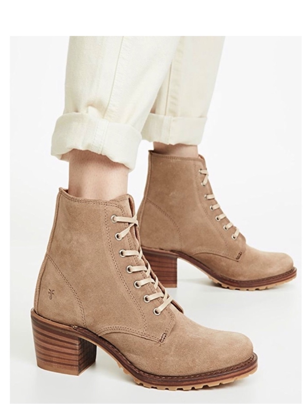 Frye Sabrina 6G Lace Up Beige/Tan Suede/ Leather Combat Heeled Ankle Booties